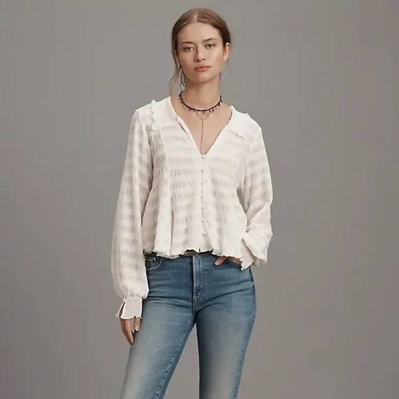 NWOT Anthropologie Long-Sleeve Button-Front Textured Blouse - Picture 5 of 12